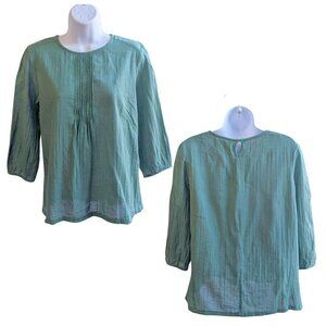 MOMO New York Boho Casual Soft Green Pintuck 3/4 Sleeve Top OS (S)